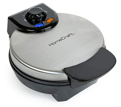  Nostalgia HomeCraft 7 Inch Round Stainless Steel Electric Belgian Thick Waffle Maker, Non Stick, Die Cast Aluminum, Easy To Clean