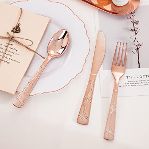  120 PCS Rose Gold Disposable Silverware, Rose Gold Cutlery Includes: 40 Rose Gold Plastic Forks, 40 Rose Gold Plastic Knives, 40 Rose Gold Plastic Spoons, Plastic Silverware For Parties