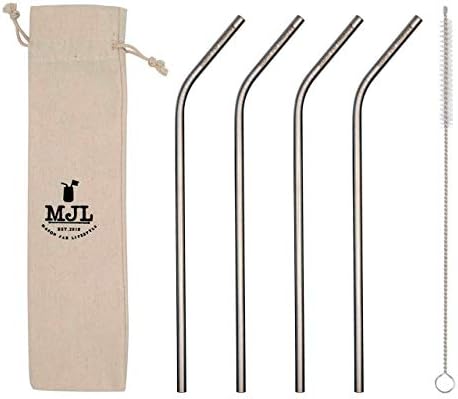  Combo Pack Thin Bent Stainless Steel Straws For Mason Jars (6 Pack + Cleaning Brush + Cloth Bag)