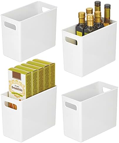  MDesign Plastic Stackable Kitchen Organizer - Storage Bin With Handles For Refrigerator, Freezer, Cabinet, And Pantry Shelves Organization - Food Container - Ligne Collection - 4 Pack - White