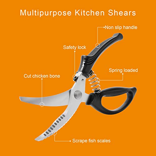  Poultry Shears Heavy Duty Spring Loaded Stainless Steel Sharp Hard Kitchen Scissors Heavy Duty With Safety Lock Meat Scissors For Chicken Bone Cutting, Fish, Vegetable, Food Chopping