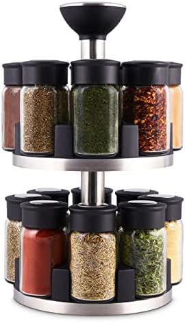  Cole & Mason 16 Herb & Spice Carousel - Rotating Spice Rack - Metal Two-Tier Organizer - Lazy Susan Style - Stainless Steel/Black, 10 Inch