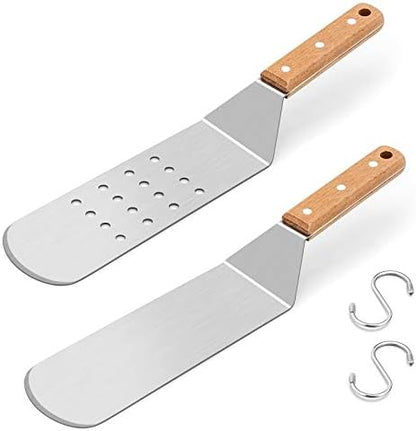  Metal Spatula Set, HaSteeL Stainless Steel Griddle Spatula Tools Kit With Wooden Handle, Heavy Duty Long Pancake Flipper Burger Turner For BBQ Teppanyaki Flat Top Grilling Cooking Outdoor & Indoor