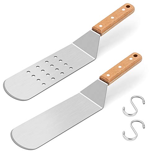  Metal Spatula Set, HaSteeL Stainless Steel Griddle Spatula Tools Kit With Wooden Handle, Heavy Duty Long Pancake Flipper Burger Turner For BBQ Teppanyaki Flat Top Grilling Cooking Outdoor & Indoor