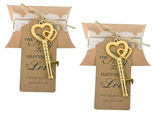  50pcs Double-heart Key Bottle Opener Wedding Party Favor Souvenir Gift With Candy Box Escort Tag And Jute Rope(Gold Tone)