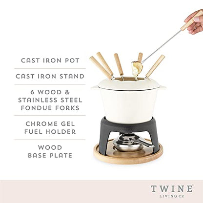  Twine Farmhouse Kitchen Enamel Cast Iron Fondue Set Cheese Melting Pot Metal Stand With Stainless Steel Forks And Chrome Gel Burner, 8.5", Off-Cream