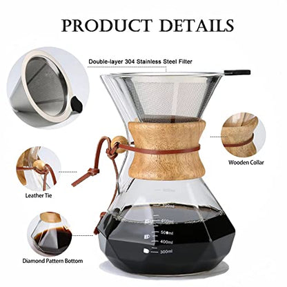  Pour Over Coffee Maker With Permanent Filter, 27oz Borosilicate Glass Coffee Carafe, Reusable Stainless Steel Filter And Modern Wooden Collar, Coffee Dripper Brewer, Hold 6 Cups