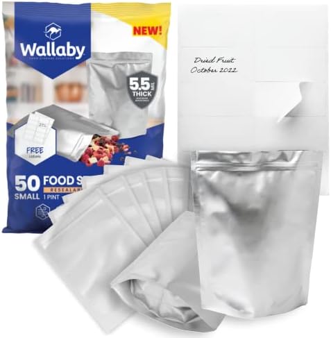  50x Wallaby 1-Quart Gusset Mylar Bag Bundle - (6 Mil - 7" X 10") Stand-Up Zipper Pouches + 50x Labels - Heat Sealable, Food Safe, & Reliable Long Term-Food Storage Solutions - Silver