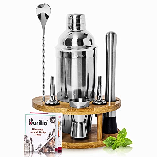  Mixology Bartender Kit Cocktail Shaker Set By Barillio: Drink Mixer Set With Bar Tools, Bamboo Stand Cocktail Mixer Mixing Spoon Mojito Muddler Jigger Liquor Pourers Recipes Booklet