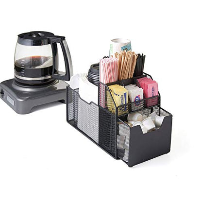  Nifty Coffee Condiment Organizer – Black Countertop Storage Organizer, Caddy Holder For Cups, Lids, Creamers, Sugars, Tea Packets In Kitchen Or Office Breakroom