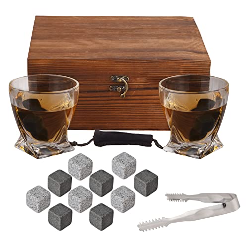  Bourbon Whiskey Stones Gift Set, Includes 2 CycloneGlass, 10 Chilling Stones, Velvet Carry Bag, Stainless Steel Tongs, Wine Stopper In Superior Wooden Boxes For Father's Day, Retirement Gifts