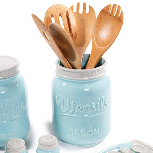 Wide Mouth Mason Utensil Holder - Large Ceramic Kitchen Utensil Holder - Rustic Farmhouse Caddy Organizer For Cooking Utensils, Spatula, Accessories - Beautiful Farm House Countertop Crock Decor