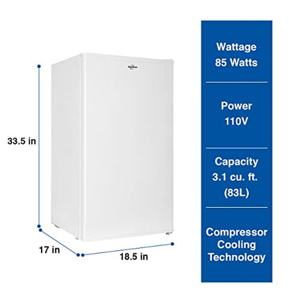  Compact Fridge With Freezer, 3.2 Cu Ft (91L), White, Space-Saving Flat Back, Reversible Door, Full-Width Freezer, For Snacks, Frozen Meals, Beverages, Beer, Den, Dorm, Office, Rec Room, Home Bar