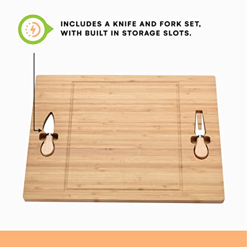  Bamboo Wooden Cheese Board With Knife & Fork Set - Charcuterie Board, Cheeseboard Knife Utensil Set - Wooden Serving Tray Platter - Ideal Wedding Or Housewarming Gift