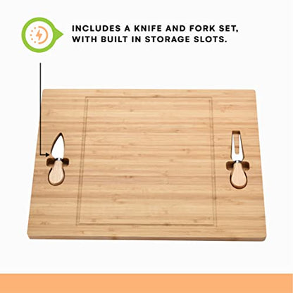  Bamboo Wooden Cheese Board With Knife & Fork Set - Charcuterie Board, Cheeseboard Knife Utensil Set - Wooden Serving Tray Platter - Ideal Wedding Or Housewarming Gift