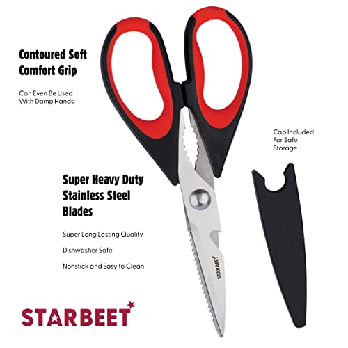  Heavy Duty Kitchen Shears – 6 In 1 Stainless Steel Ultra Sharp Poultry Scissors - Can Also Be Used As Beer Opener, Bottle Opener, Nut Cracker, Fish Scale Shaver & Floral Scissors (Red)