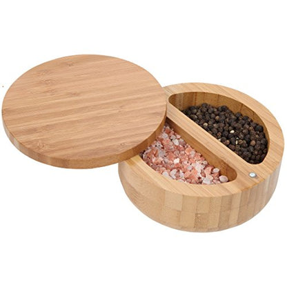  2-in-1 Round Bamboo Container, Divided Spice Holder, Salt And Pepper Wooden Box With Magnetic Lock