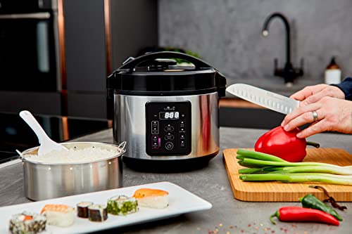  Asia Kumo YumCarb Rice Cooker With Ceramic Bowl And Advanced Fuzzy Logic, (5.5 Cups, 1 Litre), 5 Rice Cooking Functions, 3 Multicooker Functions, 110V US Power (Light Stainless Steel)