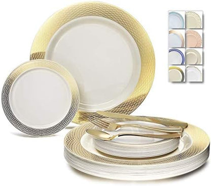  " OCCASIONS " 600 Pcs Set & 120 Guest Wedding Disposable Plastic Plate & Silverware Combo Set (Ivory & Gold Rim Plates, Gold Silverware)