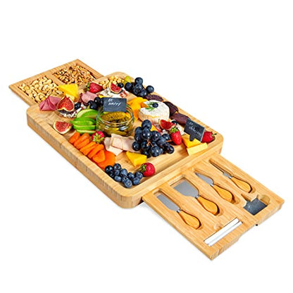  Unique Bamboo Cheese Board And Knife Set With 2 Slide-Out Cutlery Drawers - Charcuterie Boards Set & Cheese Platter - Ideal Anniversary, Wedding And Housewarming Gift