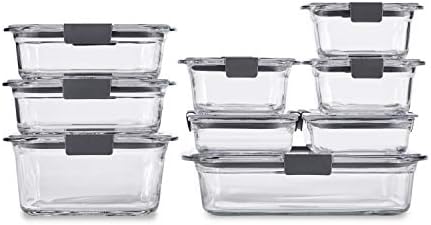 Rubbermaid 8-Piece Brilliance Glass Food Storage Containers With Lids For Lunch, Meal Prep, And Leftovers, Dishwasher And Oven Safe, Clear/Grey