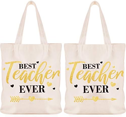  Frienda 2 Pcs Teacher Tote Bags Canvas Teacher Appreciation Bags For Women Reusable Teacher Gift Bag For School Supplies