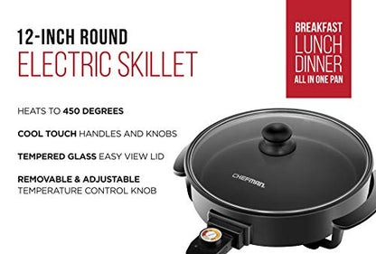 Electric Skillet - 12 Inch Round Frying Pan With Non Stick Coating, Temperature Control, Tempered Glass Lid, Cool-Touch Handles And Knob, Black