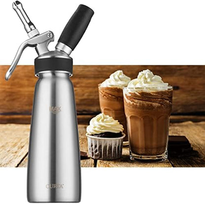  CURTA Professional Whipped Cream Dispenser, 18-8 Stainless Steel Food Grade Cream Whipper, Cream Maker With 3 Decorating Stainless Steel Nozzles, 500ml / 1 Pint Canister, N2O Chargers (Not Included)