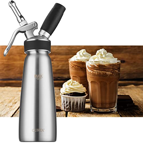  CURTA Professional Whipped Cream Dispenser, 18-8 Stainless Steel Food Grade Cream Whipper, Cream Maker With 3 Decorating Stainless Steel Nozzles, 500ml / 1 Pint Canister, N2O Chargers (Not Included)