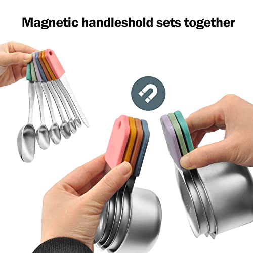  Agnetic Measuring Cups And Spoons Set, Stainless Steel Metal Stackable Nesting Measure Cups,Teaspoon, Tablespoon, 14 Pcs Silicone Handle Kitchen Cooking & Baking Tools, 7 Cups & 6 Spoons &1 Leveler