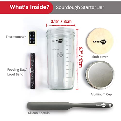  NeadAce Sourdough Starter Jar With Date Marked Feeding Band, Thermometer, Sourdough Jar Scraper, Sewn Cloth Cover & Metal Lid, Mothers Day Gift, Sourdough Starter Kit (1 Pack)