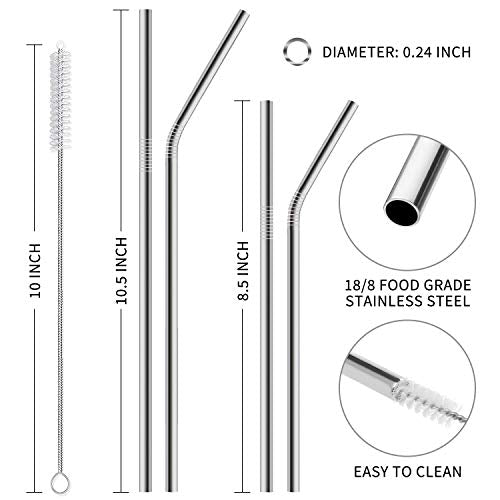  Iware 12-Pack Reusable Stainless Steel Metal Straws With Case - Long Drinking Straws For 30 Oz And 20 Oz Tumblers Yeti Dishwasher Safe - 2 Cleaning Brushes Included