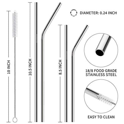  Iware 12-Pack Reusable Stainless Steel Metal Straws With Case - Long Drinking Straws For 30 Oz And 20 Oz Tumblers Yeti Dishwasher Safe - 2 Cleaning Brushes Included