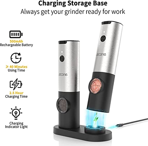  Electric Salt And Pepper Grinder, Lecone Set Of 2 Automatic USB Rechargeable With LED Light Charging Base Adjustable Easy To Refill For Spice Restaurant Kitchen BBQ