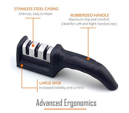  Professional Premium 3-Stage Chef Kitchen Knife Sharpener. Quick And Easy Sharpening, Straightening, And Polishing Of Chef Blades And Kitchen Knives. Includes Cut-Resistant Glove & Bookmark