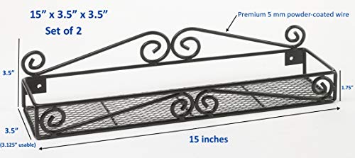  Unum Spice Rack Organizers - Set Of 2 Black Metal Hanging Shelf For Spices - Cupboard, Kitchen Or Pantry Storage – Handcrafted Scroll Design - 15" X 3.5" X 3.5"