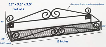  Unum Spice Rack Organizers - Set Of 2 Black Metal Hanging Shelf For Spices - Cupboard, Kitchen Or Pantry Storage – Handcrafted Scroll Design - 15" X 3.5" X 3.5"