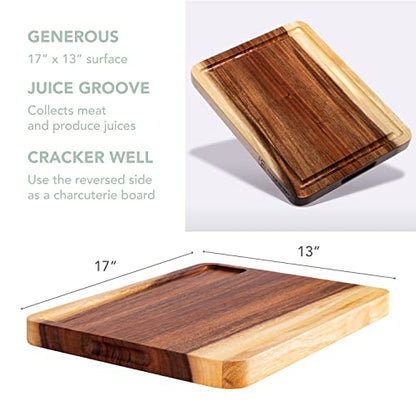  Large Acacia Wood Cutting Board, Butcher Block, Cheese Board With Juice Groove And Cracker Well - 17x13x1.25 Inch