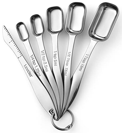  Heavy Duty Stainless Steel Metal Measuring Spoons For Dry Or Liquid, Fits In Spice Jar, Set Of 6 Including Leveler