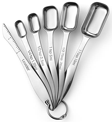  Heavy Duty Stainless Steel Metal Measuring Spoons For Dry Or Liquid, Fits In Spice Jar, Set Of 6 Including Leveler
