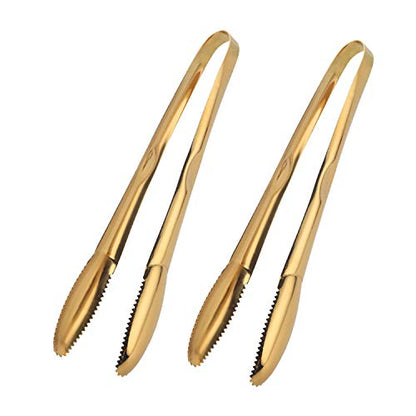  2-Pack 9 Inch Stainless Steel Gold Salad Tongs, Non-slip & Easy Grip Smart Locking Clip Handy Utensil For Cooking, Serving, Barbecue, Buffet, Salad, Ice, Oven