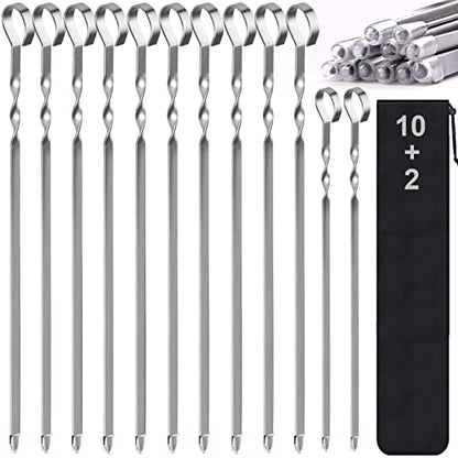  Kabob Skewers, 17" Metal Kebab Skewers Flat Long Stainless Steel Wide Reusable BBQ Barbecue Shish Kabob Sticks Skewers For Grilling Meat Shrimp Chicken Vegetable, 12 Pack Including Bonus 14" Skewers