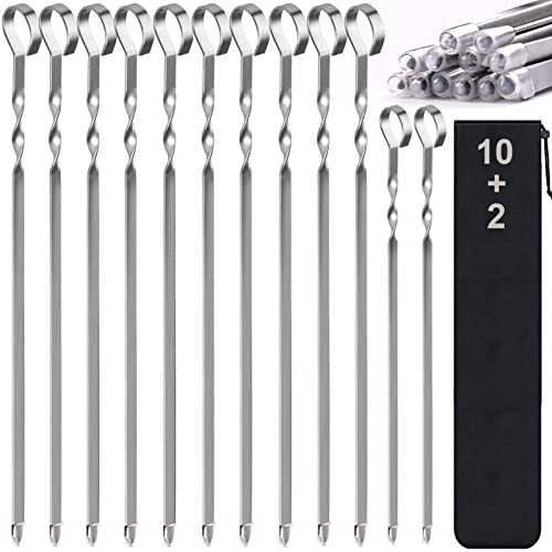  Kabob Skewers, 17" Metal Kebab Skewers Flat Long Stainless Steel Wide Reusable BBQ Barbecue Shish Kabob Sticks Skewers For Grilling Meat Shrimp Chicken Vegetable, 12 Pack Including Bonus 14" Skewers