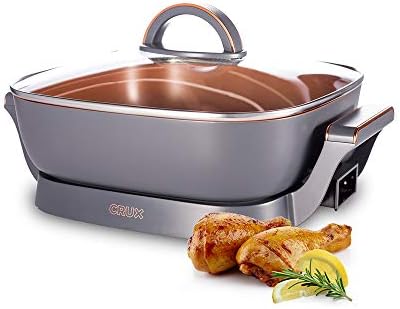  RUX Electric Skillet With Glass Lid - Nonstick Scratch Resistant Ceramic Pan, Extra Deep With Removable Temperature Probe, 12" X 12", 1400 Watts