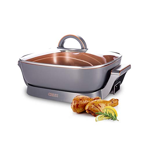  RUX Electric Skillet With Glass Lid - Nonstick Scratch Resistant Ceramic Pan, Extra Deep With Removable Temperature Probe, 12" X 12", 1400 Watts