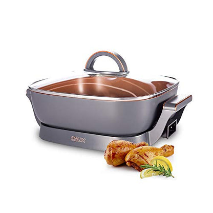  RUX Electric Skillet With Glass Lid - Nonstick Scratch Resistant Ceramic Pan, Extra Deep With Removable Temperature Probe, 12" X 12", 1400 Watts