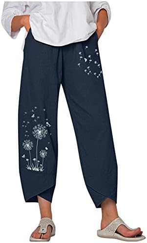  Kingspinner Capri Pants For Women Plus Size Cotton Linen Flowers Printed Pants Pockets Cotton Linen Elastic Waist Trousers