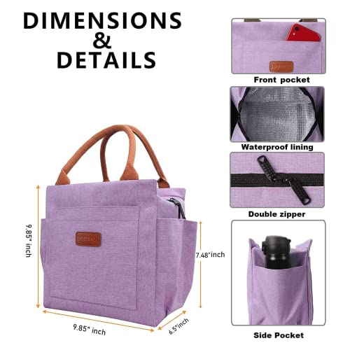  Lunch Bag Women Insulated Lunch Box Reusable Durable Leakproof Large Spacious Cooler Tote For Women Men Adult With Bottle Holder And Side Pockets For Work Office Travel Picnic - Purple