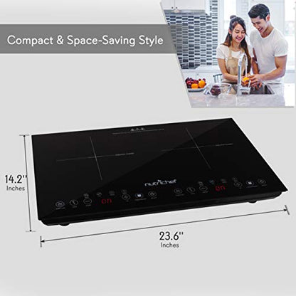  Dual 120V Electric Induction Cooker - 1800w Portable Digital Ceramic Countertop Double Burner Cooktop W/ Kids Safety Lock - Works W/ Stainless Steel Pan / Magnetic Cookware - NutriChef AZPKSTIND48