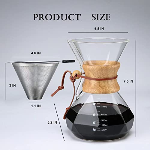  Pour Over Coffee Maker With Permanent Filter, 27oz Borosilicate Glass Coffee Carafe, Reusable Stainless Steel Filter And Modern Wooden Collar, Coffee Dripper Brewer, Hold 6 Cups